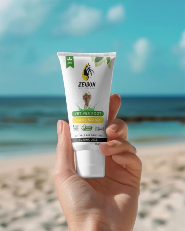 Vetiver Root, Tea Tree, and Vitamin E ingredients in LUMINALUXE Face Wash for glowing skin.