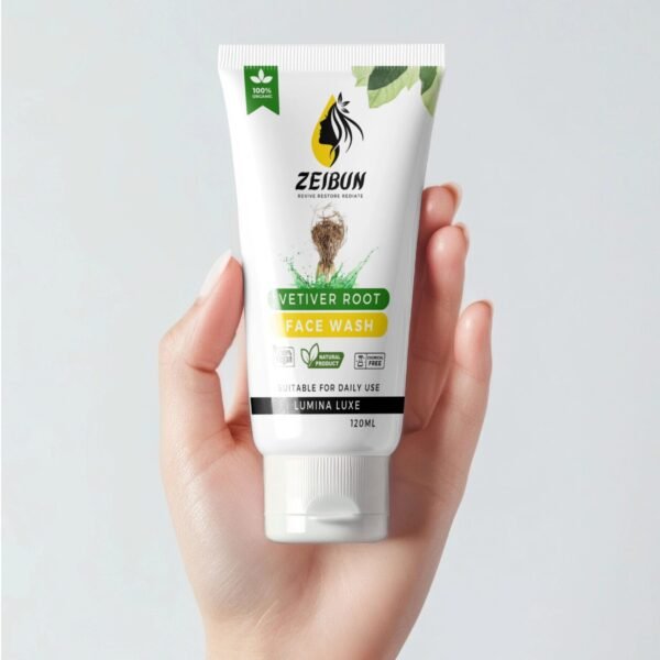 Vetiver Root, Tea Tree, and Vitamin E ingredients in LUMINALUXE Face Wash for glowing skin.